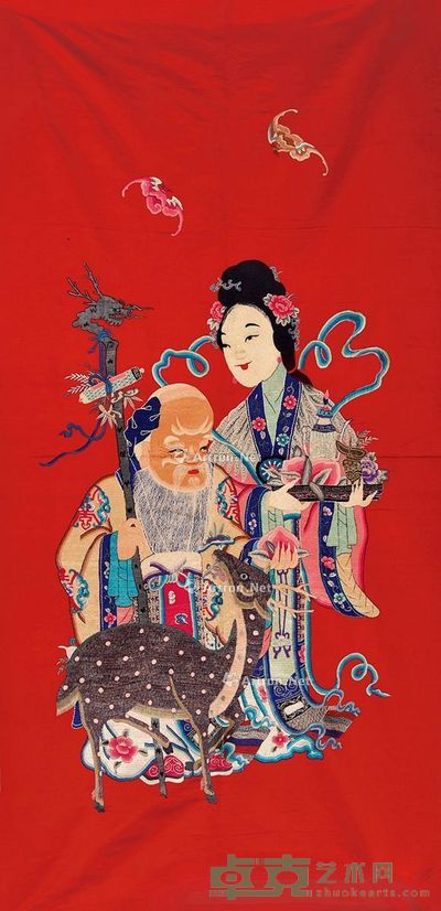 清 红地彩绣献寿图绣片 203×96cm