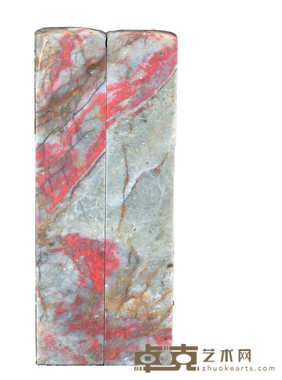 鸡血石章料一对 12×2.5×2.5cm