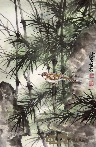 陈佩秋 竹林小鸟 67×44cm