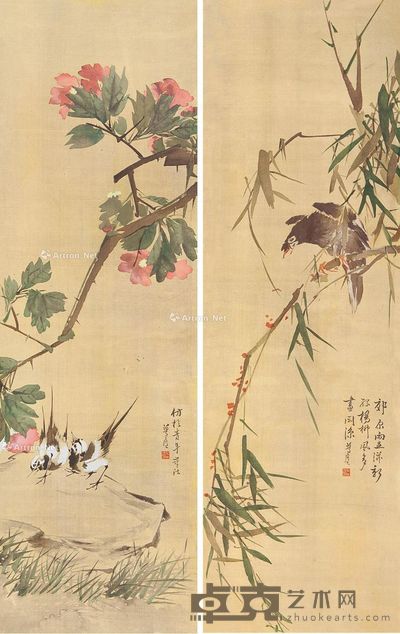 朱偁 花鸟 86×26cm×2