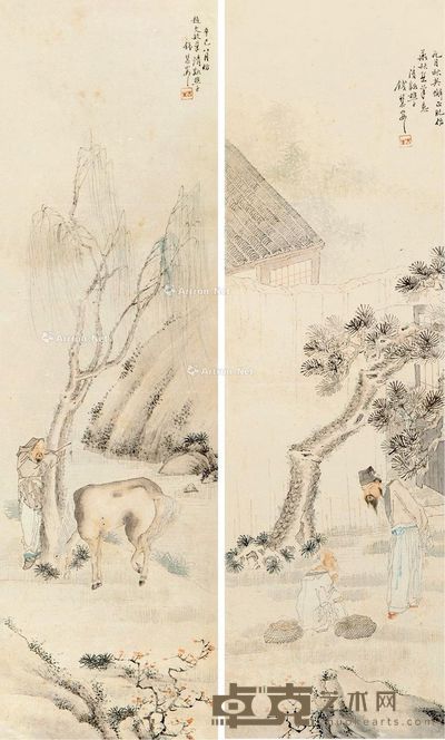 钱慧安 人物 66×20cm×2