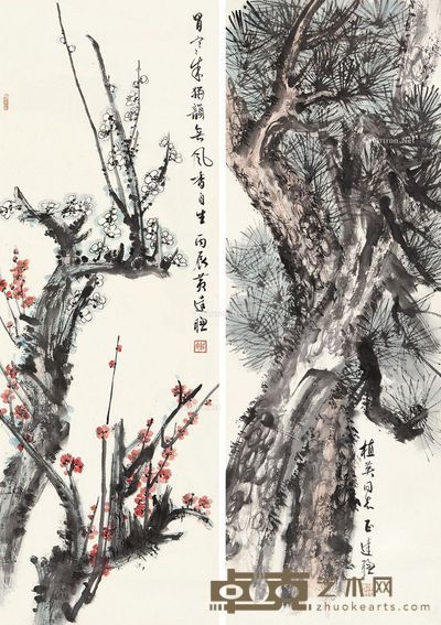 黄达聪 松梅图 137×47cm×2