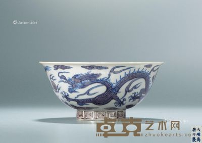 明万历 青花紫彩双龙赶珠纹碗 直径14cm