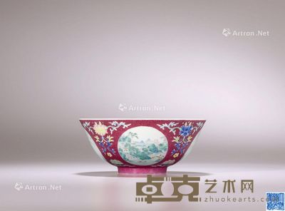 清道光 胭脂红地轧道开光雪景山水纹小碗 直径14.9cm