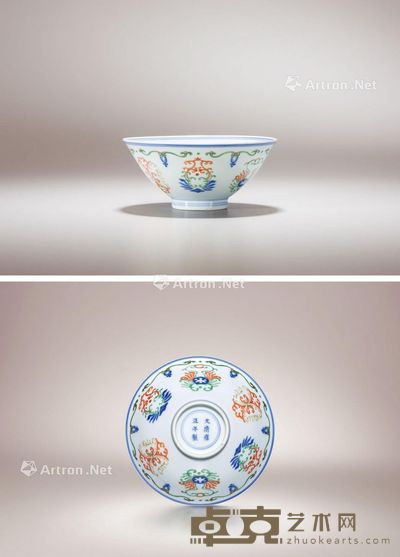 清雍正 五彩忍冬纹斗笠碗 直径12.8cm