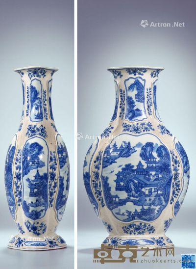 清中期 青花珍珠釉地浮雕开光山水人物纹海棠式瓶 高40.3cm