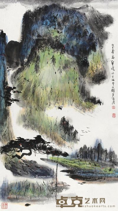 郑乃珖 秋江归艇 68×39cm