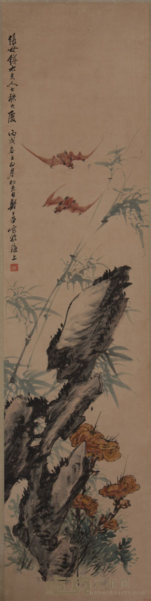 郑午昌《双蝠图》 127×31cm