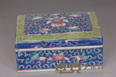 民国   蓝地粉彩宝相花方盒 11.5×8.5cm