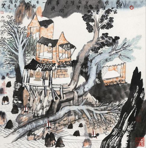 姚鸣京 观云秋溪待渡图