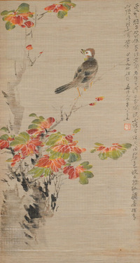 晏济元 花鸟（竹帘画）