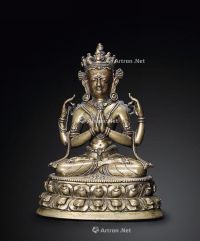 西藏   15世纪 铸铜鎏金嵌紫铜四臂观音坐像