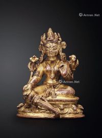西藏   15世纪 铸铜鎏金绿度母坐像