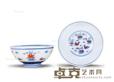 清 光绪窑 青花加彩荷花鸳鸯纹小碗 （一对）? 口径12cm