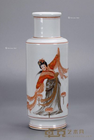 60年代 墨彩描金仕女人物宝字瓶 高34cm