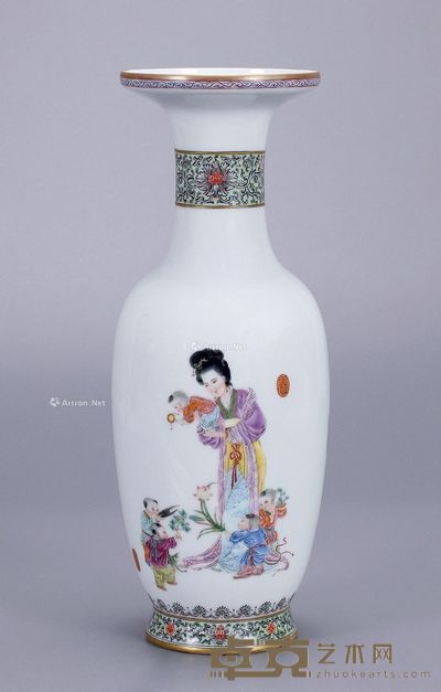 80年代 粉彩婴戏图诗文瓶 高31cm