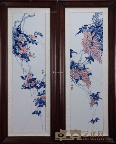 雍楠 青花斗彩花卉瓷板 宽30cm；高109cm