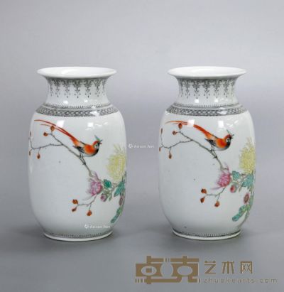 粉彩花鸟冬瓜瓶 （一对） 高18cm