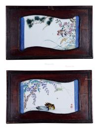 民国 潘匋宇扇形花鸟瓷板 （一对）