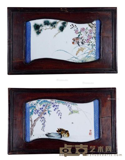 民国 潘匋宇扇形花鸟瓷板 （一对） 宽20cm；高36cm