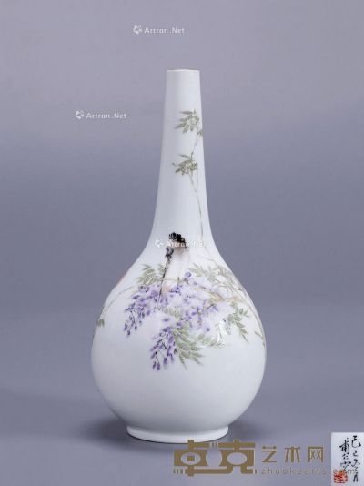 80年代 粉彩紫藤花鸟胆瓶 高19cm