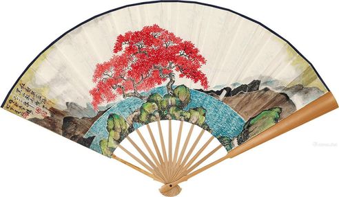 罗青     2010年作 红树蓝海 成扇 设色纸本