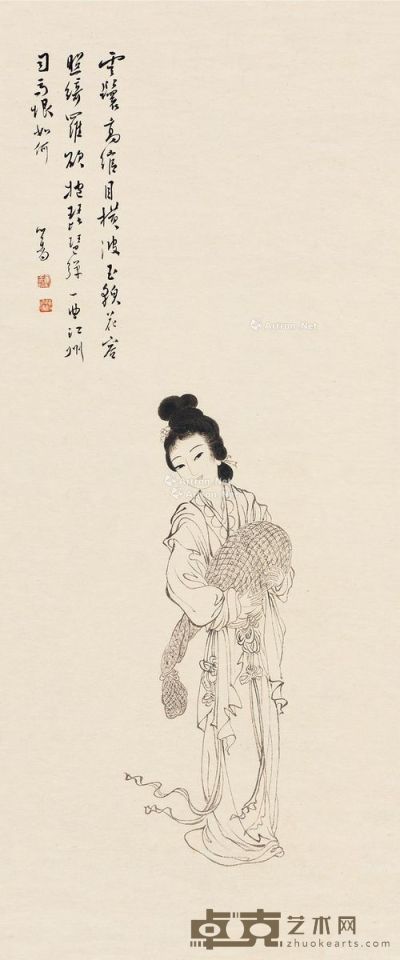 溥儒     琵琶女 镜片 水墨纸本 97×40cm