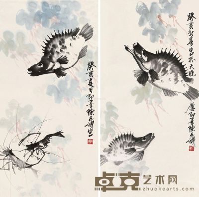陈丹诚     1983年作 鱼 镜片 设色纸本 91×45cm×2
