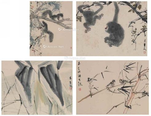 陈文希 松鼠 长臂猿 苍鹭 麻雀 （共四件） 水墨 设色 纸本