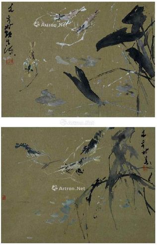 陈文希 小虾 （共两件） 卷轴 水墨 设色 纸本