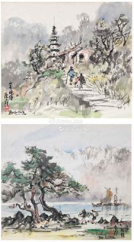 蓝荫鼎 山寺晚钟 及渔歌松韵 （共两件） 彩墨 纸本