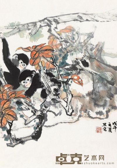刘旦宅 兄弟猿 67.5×44.5cm