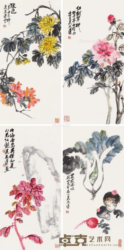 吴东迈 花卉图 66×32cm×4