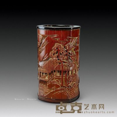 清 栖霞仙馆竹雕笔筒 16×15cm