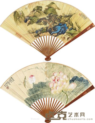 张石园 陆抑非 山水 荷花 18×45cm