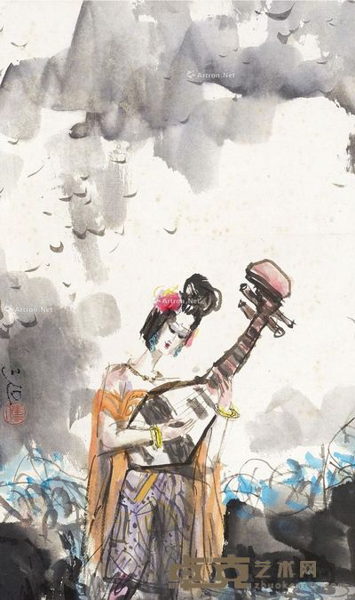 傅小石 琵琶仕女 57×34cm