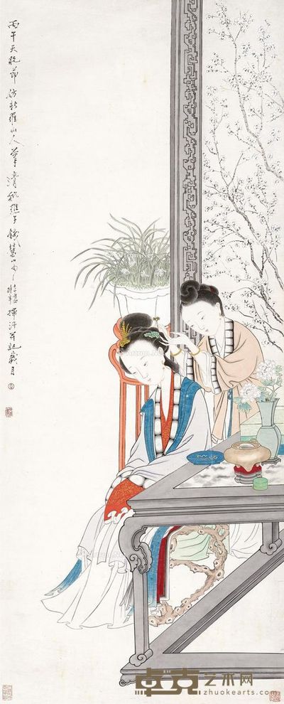 钱慧安 梳妆图 132×53cm