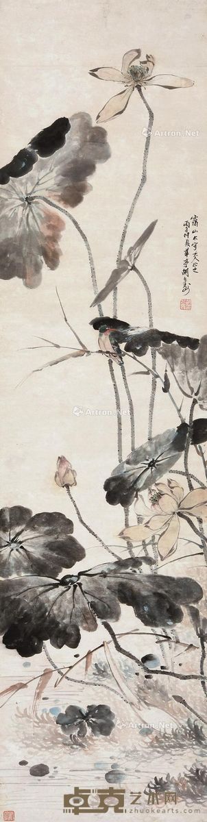 胡公寿 荷花翠鸟 178×45cm