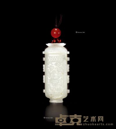 清中期 白玉荷莲出戟盖瓶 高7.5cm