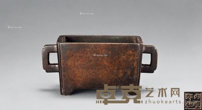 清中期 铜双耳四足长方炉 高6.4cm