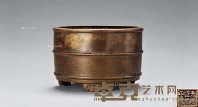清乾隆 铜弦纹筒式三足炉 高7.6cm
