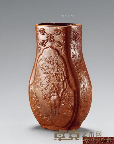 清乾隆 匏模缠枝花卉老子出关四方瓶 高26.5cm