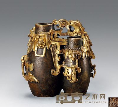 清乾隆 铜鎏金龙凤纹双联瓶 高12cm