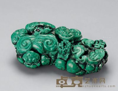 清初 孔雀石雕福寿如意灵芝摆件 长14cm