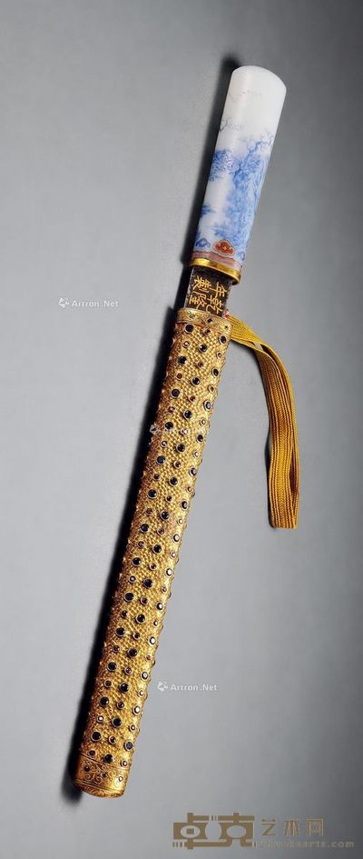 清乾隆 银鎏金嵌宝石料画珐琅刀 长29cm