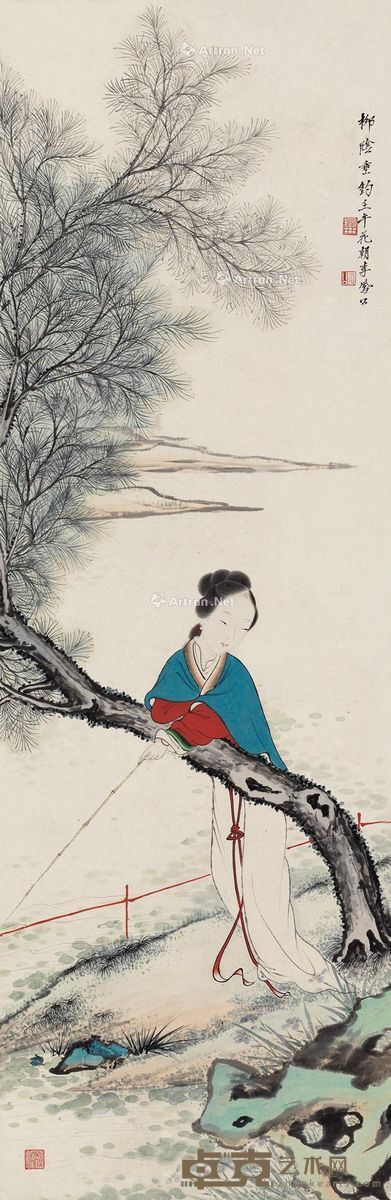 李凤公 柳荫垂钓 98×32cm