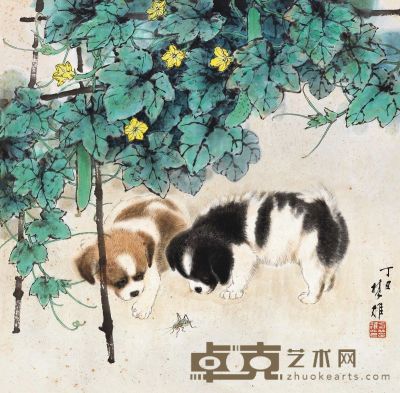 方楚雄 瓜棚双犬图 69×70cm