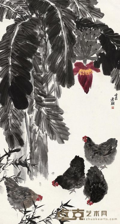 卓愿 蕉荫群鸡 180×96cm