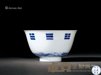 清康熙 青花海水八卦纹碗 直径12cm