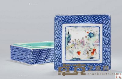 清乾隆 蓝料粉彩“竹林七贤”图方印盒 直径12cm